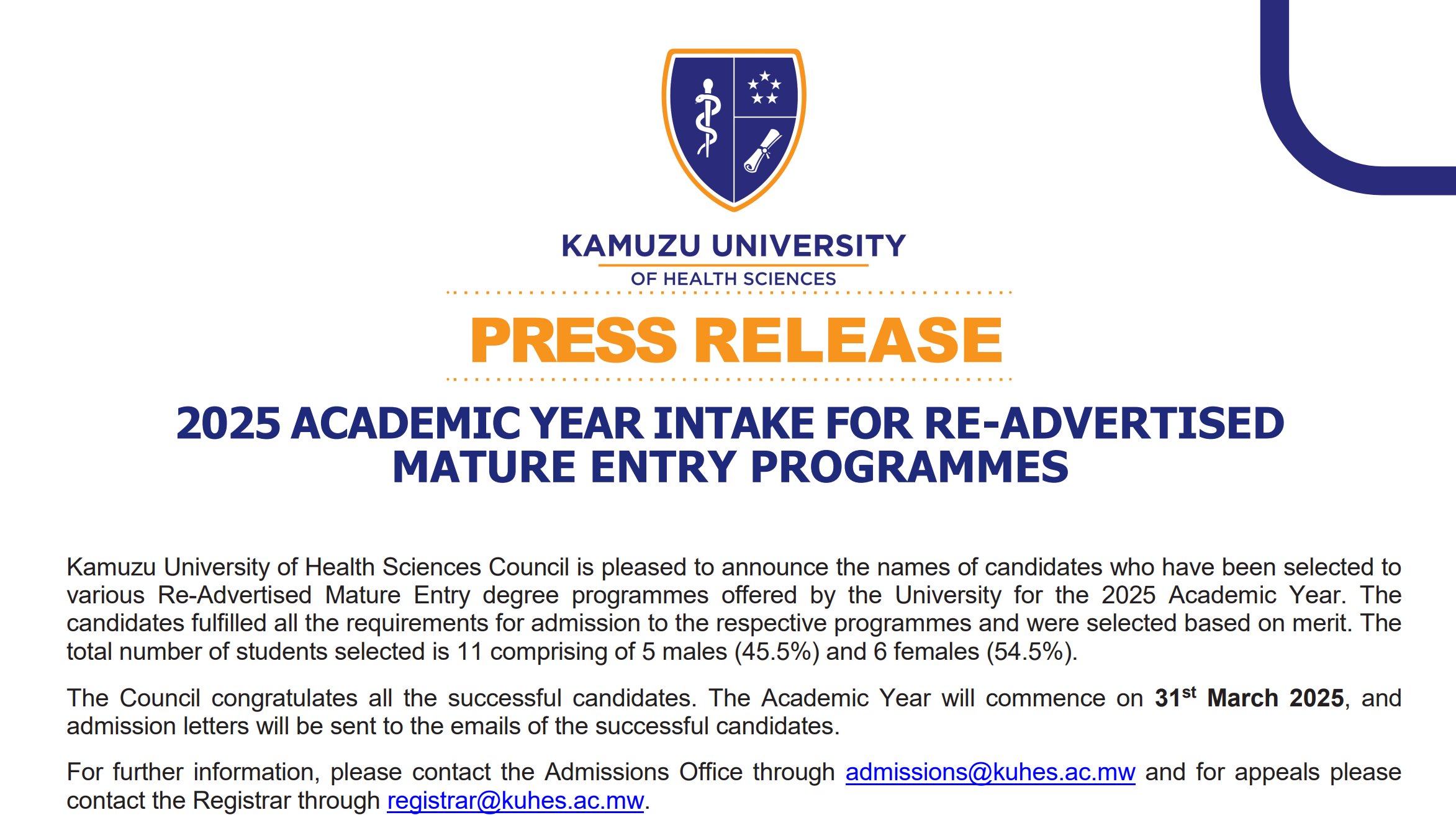 2025 Academic Year Intake for Re-advertised mature Entry Programmes