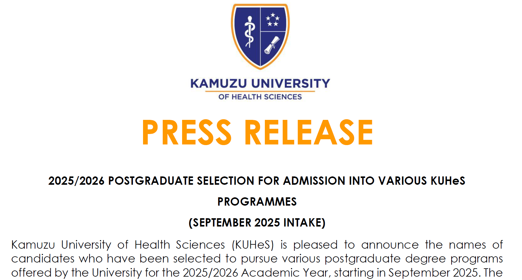 2025/2026 POSTGRADUATE SELECTION FOR ADMISSION INTO VARIOUS KUHeS PROGRAMMES (SEPTEMBER 2025 INTAKE)