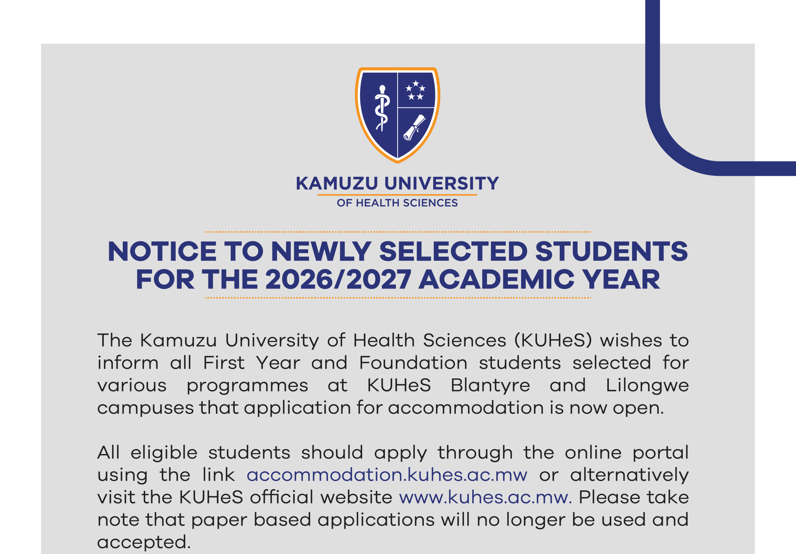 NOTICE TO NEWLY SELECTED STUDENTS FOR 2026/2027 ACADEMIC YEAR