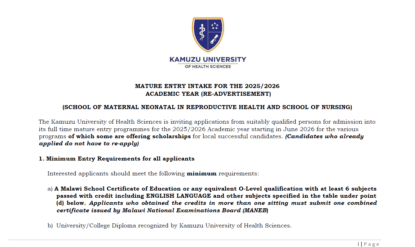 MATURE ENTRY INTAKE FOR THE 2025/2026ACADEMIC YEAR (RE ADVERTISEMENT)