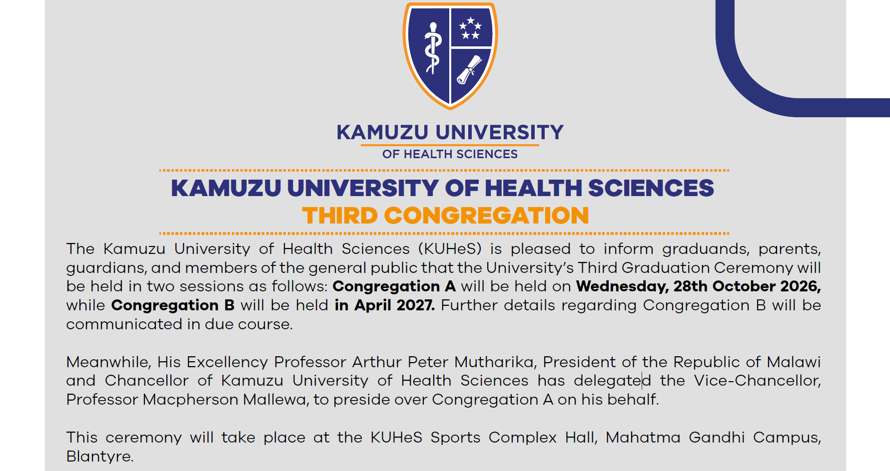 KAMUZU UNIVERSITY OF HEALTH SCIENCES THIRD CONGREGATION
