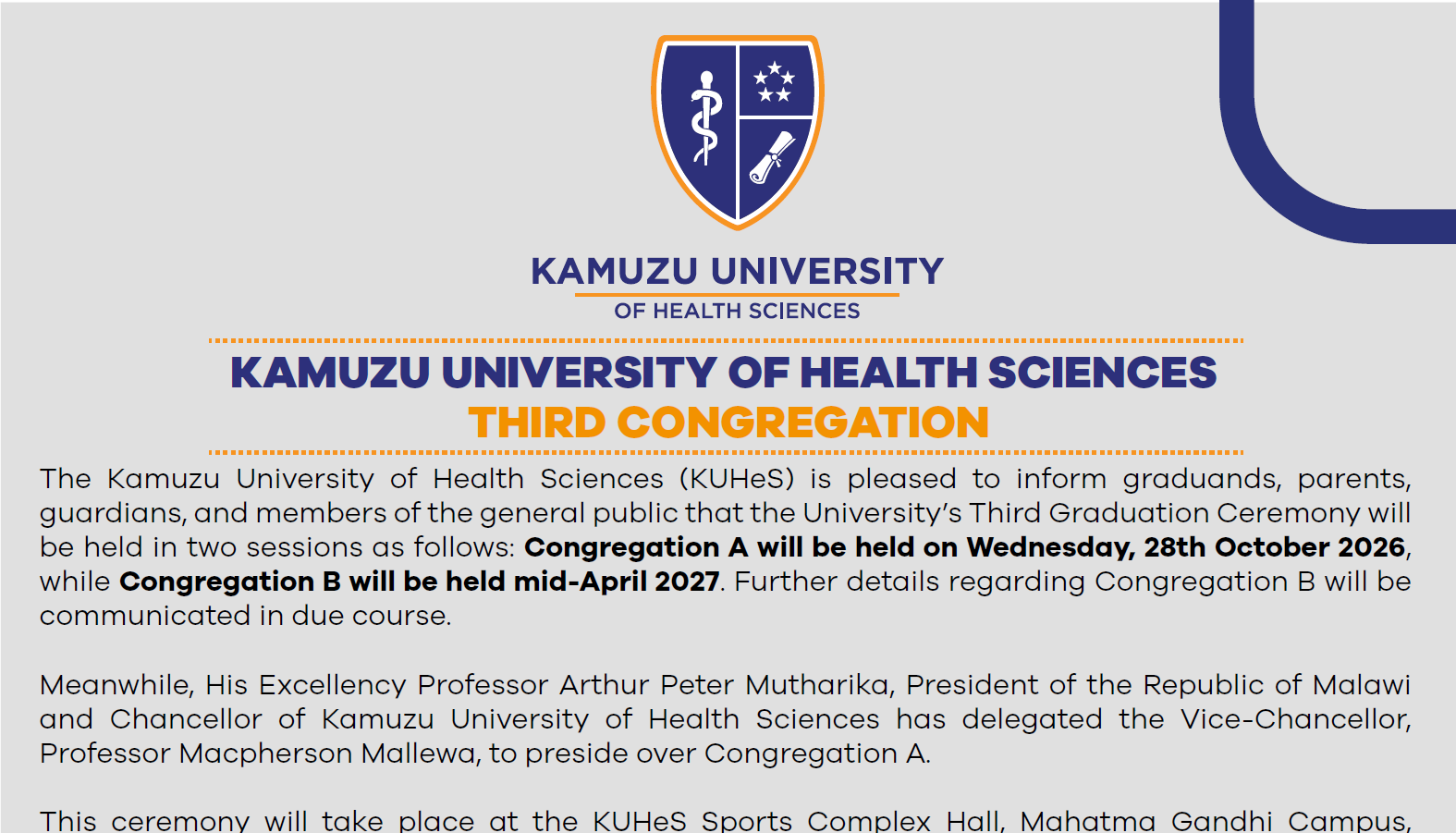 KAMUZU UNIVERSITY OF HEALTH SCIENCES THIRD CONGREGATION